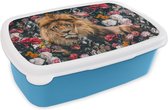 Broodtrommel Blauw - Lunchbox - Brooddoos - Leeuwen - Bloemen - Kleur - 18x12x6 cm - Kinderen - Jongen