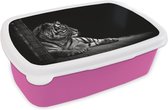 Broodtrommel Roze - Lunchbox - Brooddoos - Tijger - Dieren - Zwart - Wit - 18x12x6 cm - Kinderen - Meisje