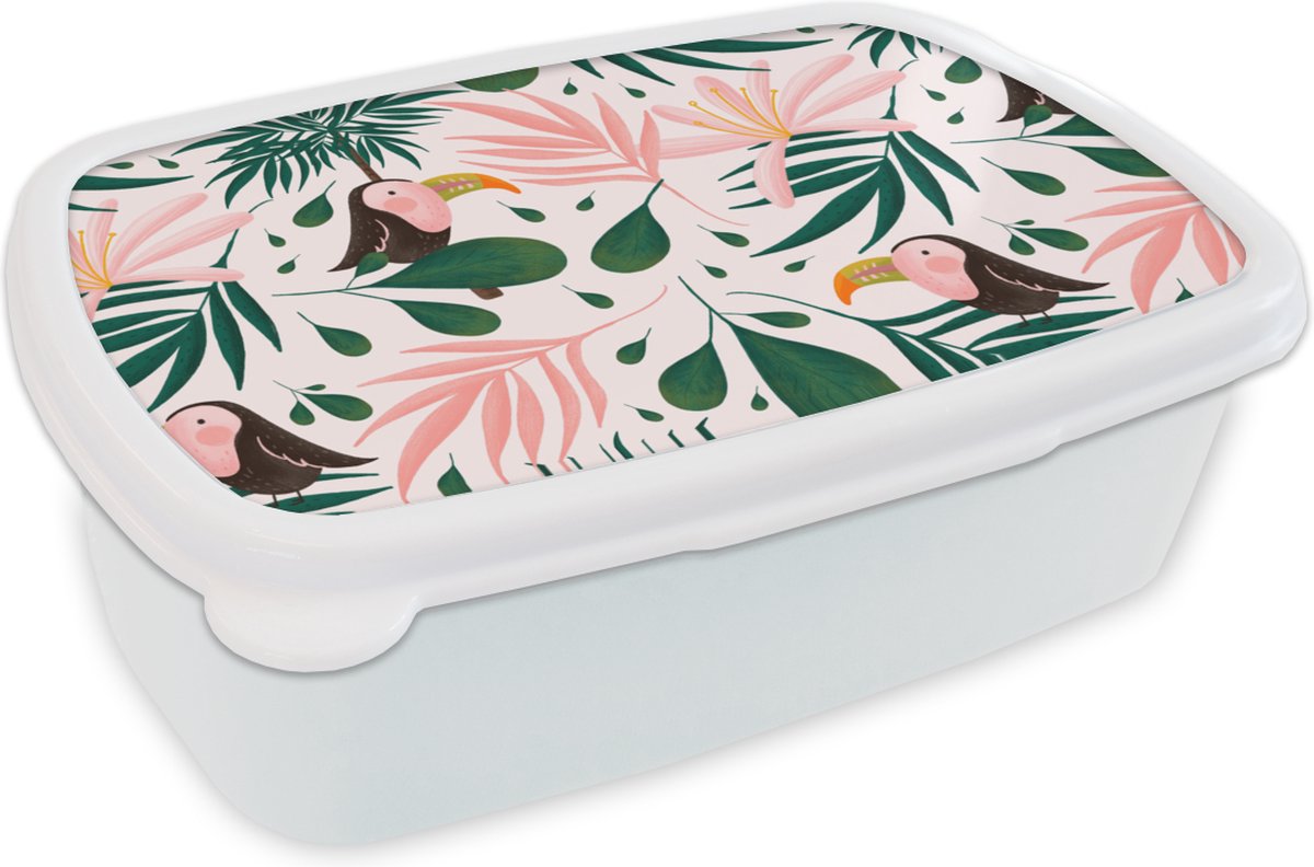Broodtrommel Wit - Lunchbox - Brooddoos - Toekan - Vogel - Blad - Jungle - 18x12x6 cm - Volwassenen
