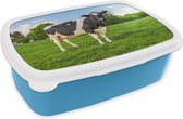 Broodtrommel Blauw - Lunchbox - Brooddoos - Koe - Gras - Dieren - 18x12x6 cm - Kinderen - Jongen