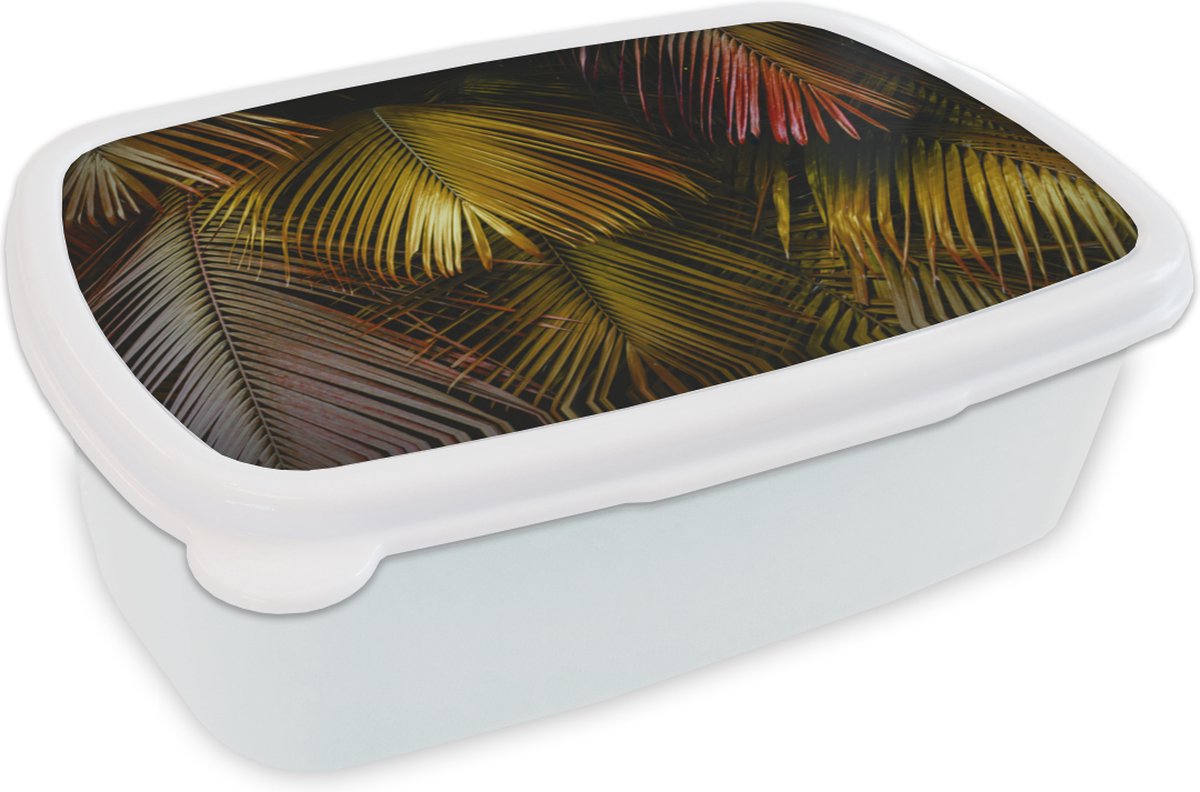 Broodtrommel Wit - Lunchbox - Brooddoos - Jungle - Bladeren - Goud - 18x12x6 cm - Volwassenen