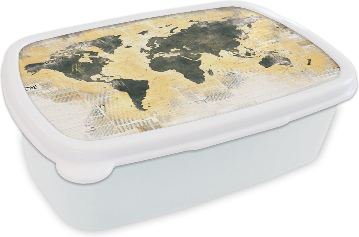 Broodtrommel Wit - Lunchbox - Brooddoos - Wereldkaart - Krant - Goud - 18x12x6 cm - Volwassenen