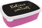 Broodtrommel Roze - Lunchbox - Brooddoos - Quote - Zelfvertrouwen - Goud - 18x12x6 cm - Kinderen - Meisje