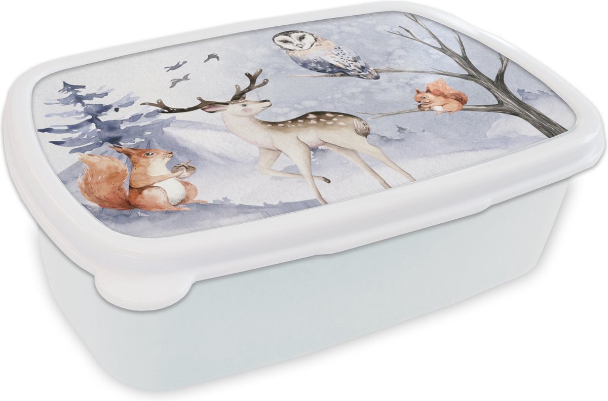 Broodtrommel Wit - Lunchbox - Brooddoos - Winter - Sneeuw - Hert - 18x12x6 cm - Volwassenen