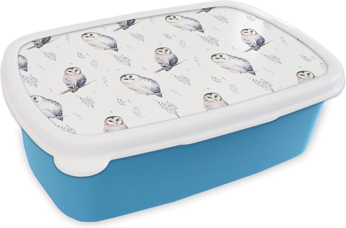 Broodtrommel Blauw - Lunchbox - Brooddoos - Winter - Uil - Wit - 18x12x6 cm - Kinderen - Jongen