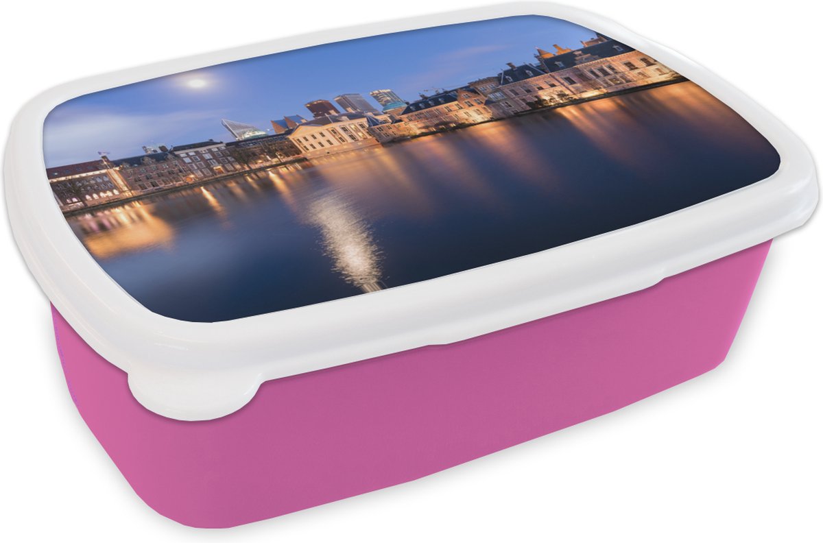 Broodtrommel Roze - Lunchbox - Brooddoos - Den Haag - Water - Skyline - 18x12x6 cm - Kinderen - Meisje
