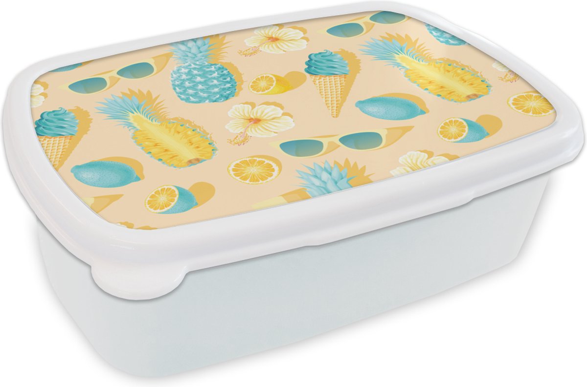 Broodtrommel Wit - Lunchbox - Brooddoos - Zomer - Patroon - Geel - 18x12x6 cm - Volwassenen