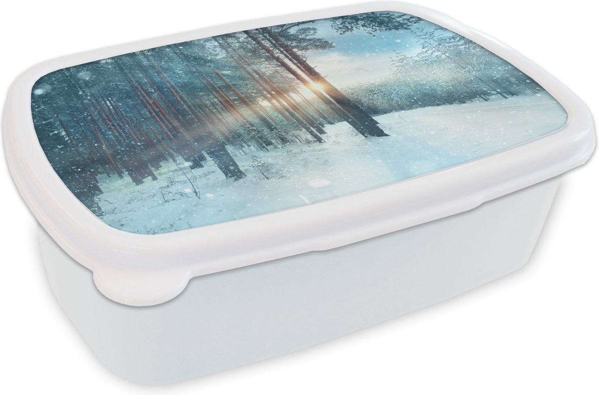 Broodtrommel Wit - Lunchbox - Brooddoos - Winter - Zon - Sneeuw - Bos - 18x12x6 cm - Volwassenen