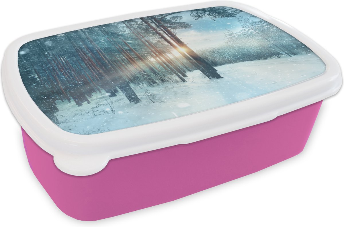 Broodtrommel Roze - Lunchbox - Brooddoos - Winter - Zon - Sneeuw - Bos - 18x12x6 cm - Kinderen - Meisje
