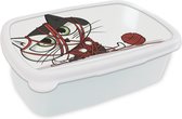 Broodtrommel Wit - Lunchbox - Brooddoos - Kat - Wol - Rood - 18x12x6 cm - Volwassenen