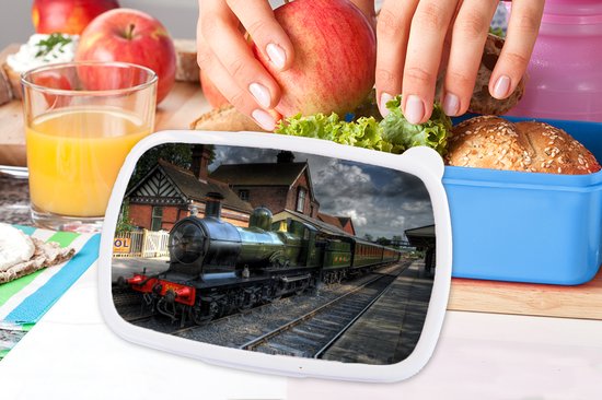 Boîte à pain Blauw - Boîte à lunch - Boîte à pain - Une locomotive à vapeur dans un village pittoresque - 18x12x6 cm - Enfants - Garçon - Cadeau Sinterklaas - Distribution de cadeaux pour enfants - Cadeaux chaussures Sinterklaas