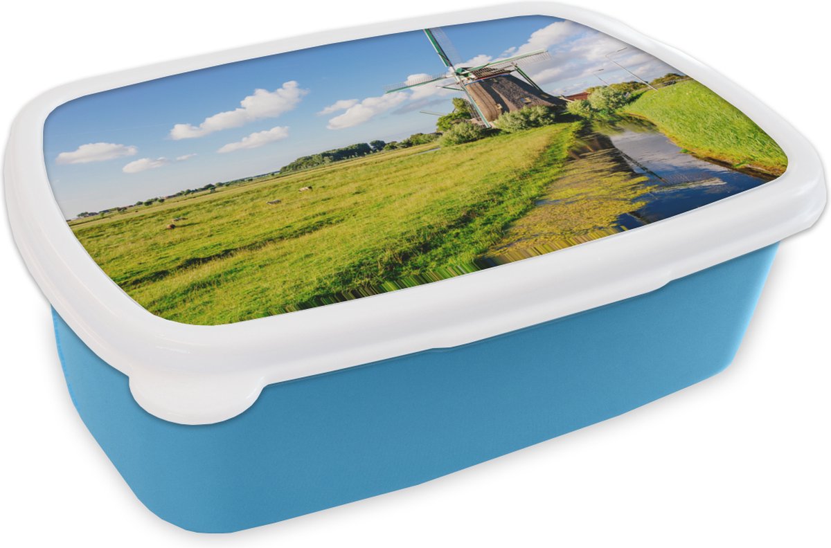 Broodtrommel Blauw - Lunchbox - Brooddoos - Molen - Gras - Nederland - 18x12x6 cm - Kinderen - Jongen