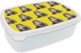 Broodtrommel Wit - Lunchbox - Brooddoos - Kat - Patroon - Geel - 18x12x6 cm - Volwassenen