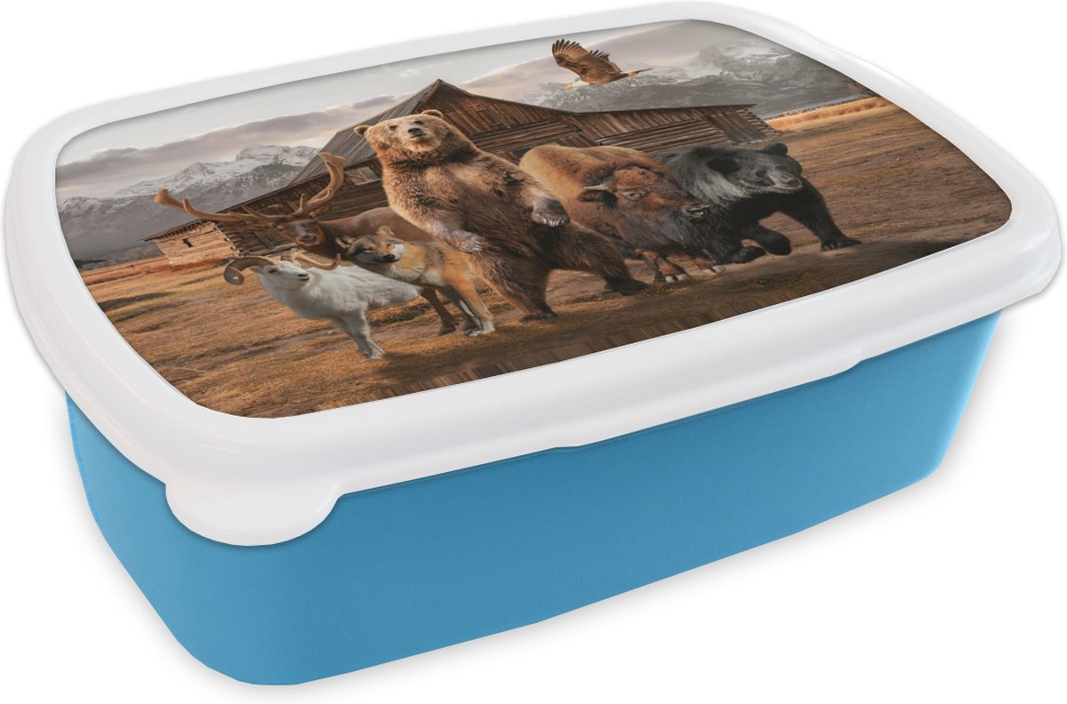 Broodtrommel Blauw - Lunchbox - Brooddoos - Beer - Big Five - Dieren - 18x12x6 cm - Kinderen - Jongen