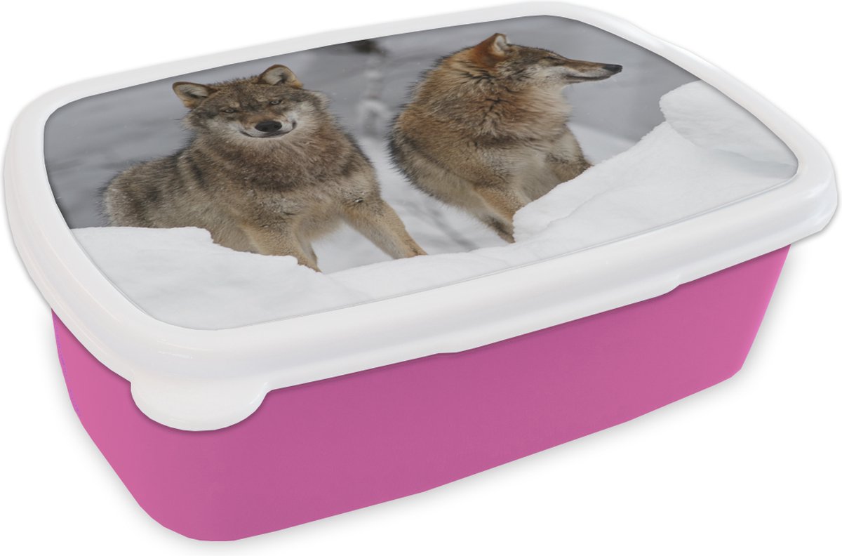 Broodtrommel Roze - Lunchbox - Brooddoos - Wolf - Sneeuw - Dieren - 18x12x6 cm - Kinderen - Meisje