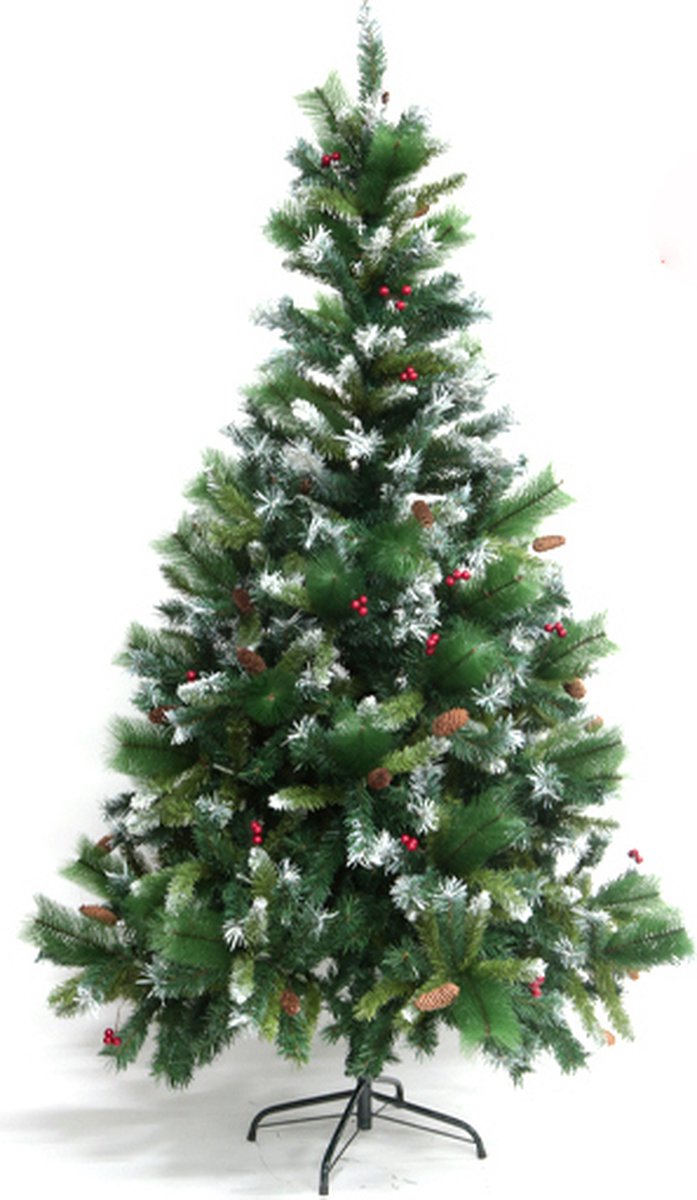 Luxe groene kunstmatige boom 180 cm met 660 hoofden met dennen en rode vruchten