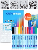 Crafterman 12 st. Acryl Stiften set - Met 5 Stencils & eBook - Happy Stones - Voor Stenen Schilderen - Verfstiften - Acrylverf