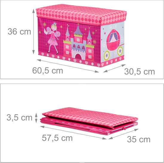Roze opbergkist met prinses, kasteel en koets, met afmetingen.