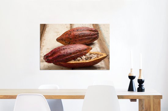 Cabosse tropicale de fève de cacao sur table en bois Aluminium 60x40 cm - Tirage photo sur aluminium (décoration murale métal)
