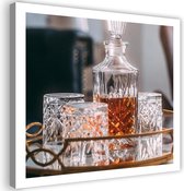 Trend24 - Canvas Schilderij - Whisky - Decanter En Een Bril - Schilderijen - Voedsel - 60x60x2 cm - Bruin