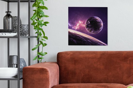 Toile Peinture Planètes - Etoiles - Violet - 50x50 cm - Décoration murale