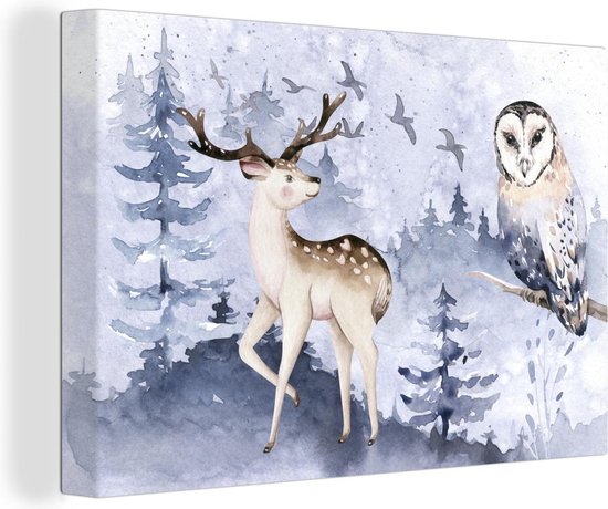 Canvas Schilderij Winter - Bos - Uil - Hert - 120x80 cm - Wanddecoratie