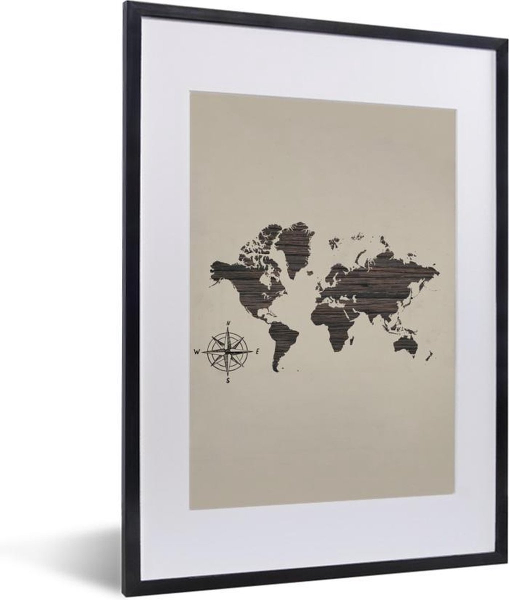 Fotolijst incl. Poster - Wereldkaart - Hout - Kompas - 30x40 cm - Posterlijst