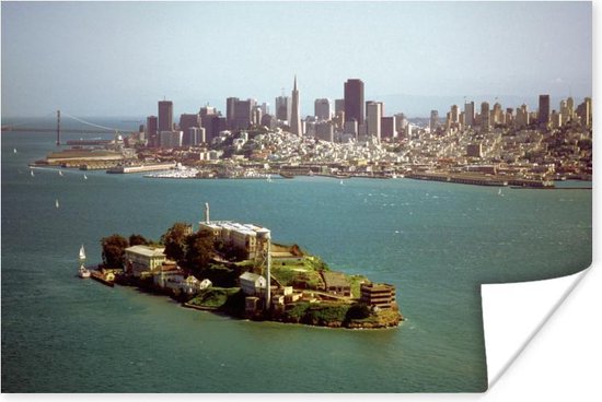 Alcatraz en de skyline van San Fransisco Poster 180x120 cm - Foto print op Poster (wanddecoratie woonkamer / slaapkamer) / Amerikaanse steden Poster XXL / Groot formaat!