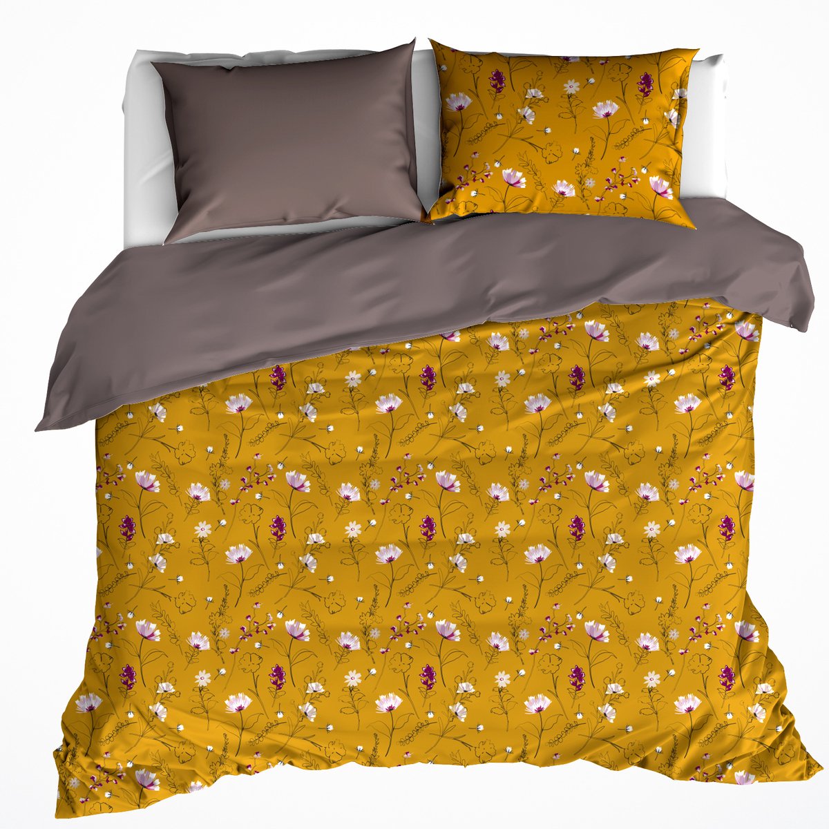 De Witte Lietaer Dekbedovertrek Katoen Satijn Fleur - Tweepersoons - 200 x 200/220 cm - Geel Deep Taupe