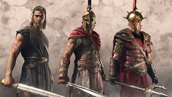 Drie mannen in oude Griekse harnassen en helmen, met wapens, tegen een neutrale achtergrond.