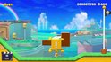 Mario in kattenpak springt op een gele blokstructuur met bruine blokken in een zonnig landschap.