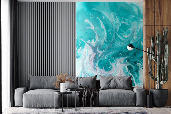 Papier peint - Papier peint photo Aquarelle - Peinture à l'huile - Turquoise - Wit - Largeur 180 cm x Hauteur 280 cm