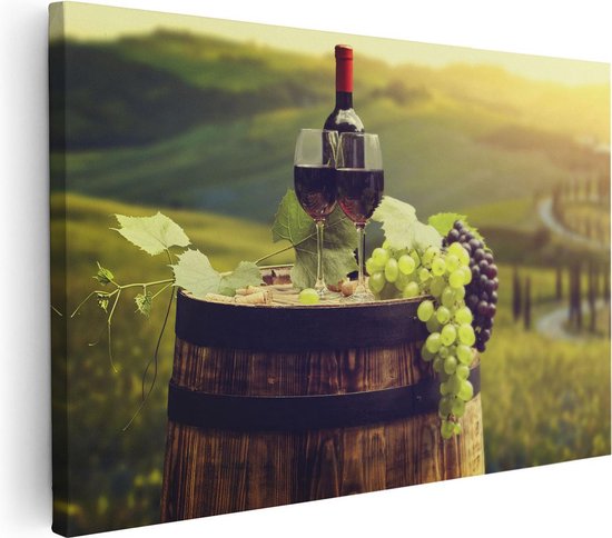 Artaza Canvas Schilderij Wijn met Druiven op een Vat in Toscane - 120x80 - Groot - Foto Op Canvas - Wanddecoratie Woonkamer