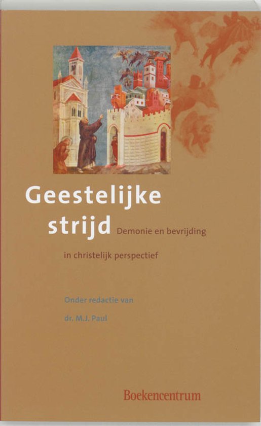 Boekomslag "Geestelijke strijd" met afbeelding van een stad en monniken, inclusief subtitel.