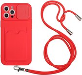 iPhone 13 Pro Max Hoesje met Koord Camera Slider Back Cover Rood