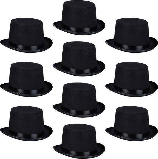 Relaxdays 10 x cilinderhoed one-size, hoge hoed tovenaars en Getleman,  carnaval zwart | bol.com