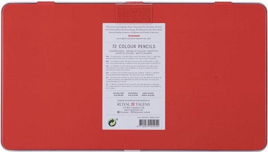 Een rode metalen etui van Bruynzeel met opschrift '72 COLOUR PENCILS' en een afbeelding van bloemen en dieren.