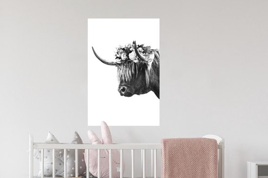 Muurstickers - Sticker Folie - Schotse hooglander met bloemen - zwart wit - 40x60 cm - Plakfolie - Muurstickers Kinderkamer - Zelfklevend Behang - Zelfklevend behangpapier - Stickerfolie