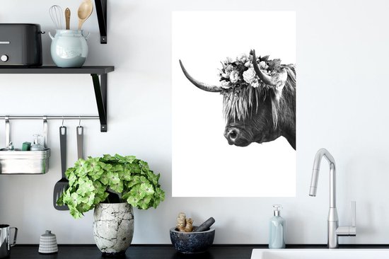 Muurstickers - Sticker Folie - Schotse hooglander met bloemen - zwart wit - 40x60 cm - Plakfolie - Muurstickers Kinderkamer - Zelfklevend Behang - Zelfklevend behangpapier - Stickerfolie