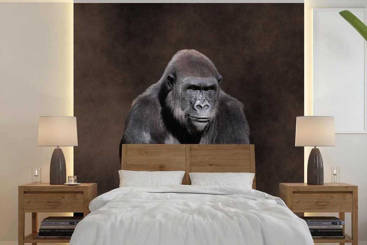 Behang - Fotobehang Een een gorilla met zijn handen over elkaar - Breedte 240 cm x hoogte 240 cm
