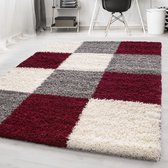 Rood Tapijt Hoogpolig Vloerkleed  Blokjes - 80x250cm- Modern - Woonkamer - Salon - Slaapkamer - Eetkamer