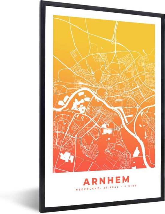 Fotolijst incl. Poster - Stadskaart - Arnhem - Geel - Oranje - 60x90 cm -  Posterlijst | bol.