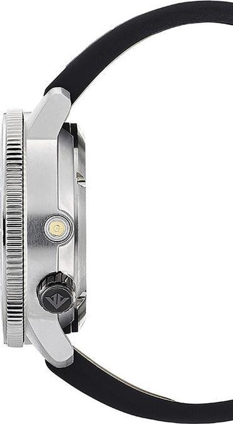 Zijprofiel van een zilverkleurig Citizen duikhorloge met zwarte band.