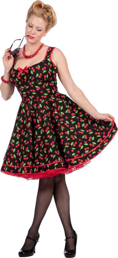 Wilbers & Wilbers - Jaren 50 Kostuum - Rockabilly Jurk Fruitige Vrouw - Rood, Zwart - Maat 36 - Carnavalskleding - Verkleedkleding
