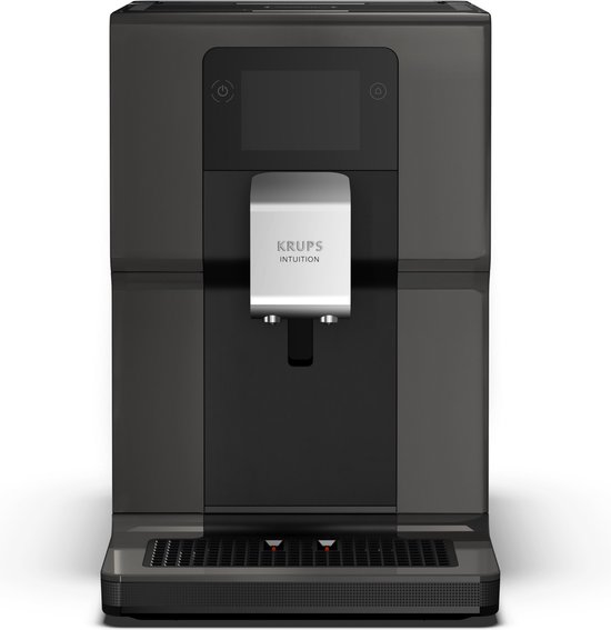 Zwarte Krups Intuition volautomaat met glanzend zwart frontpaneel.