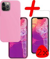 iPhone 13 Pro Max Hoesje Siliconen Met 2x Screenprotector Tempered Glass - iPhone 13 Pro Max Screen Protector 2x Beschermglas Full Screen Hoes Back Case - Licht Roze