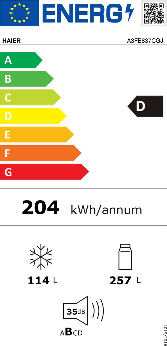 Haier 3D 60 Serie 3 A3FE837CHJ réfrigérateur-congélateur Autoportante 371 L  D Argent