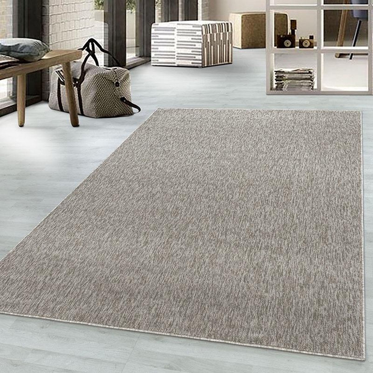 Laagpolig vloerkleed, effen kleur - beige, woonkamerkleed, vilten achterkant, afmeting: 80 x 150 cm