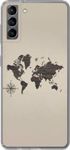 Telefoonhoesje Geschikt voor Samsung Galaxy S21 Plus hoesje - Wereldkaart - Hout - Bruin - Siliconen Telefoonhoesje