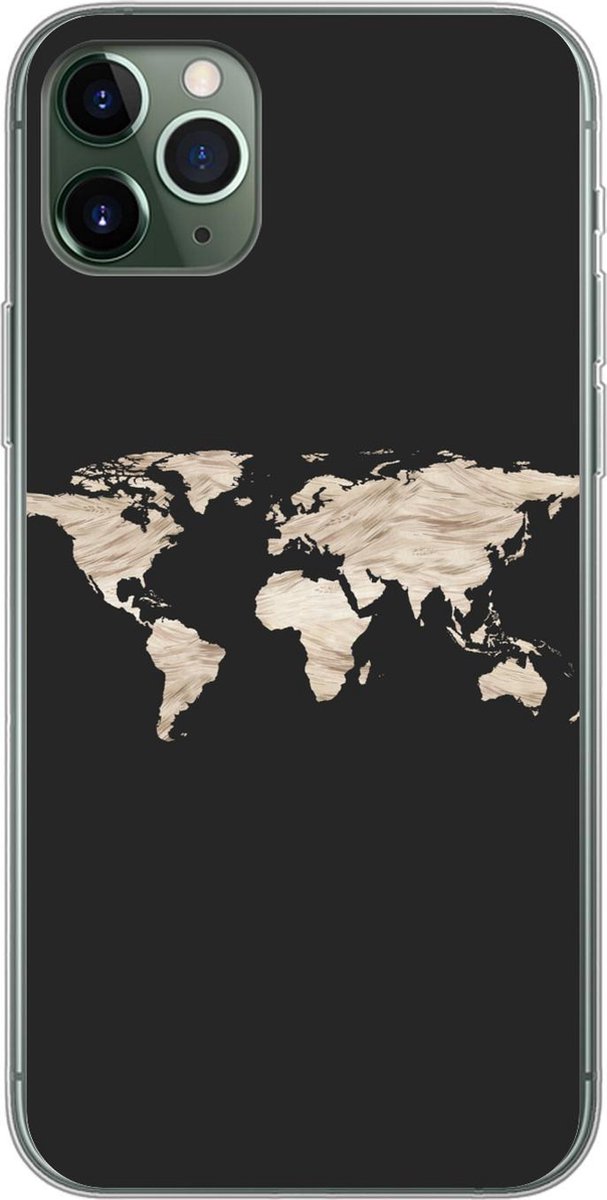 Telefoonhoesje Geschikt voor iPhone 11 Pro Max hoesje - Wereldkaart - Hooi - Bruin - Siliconen Telefoonhoesje Telefoonhoesje